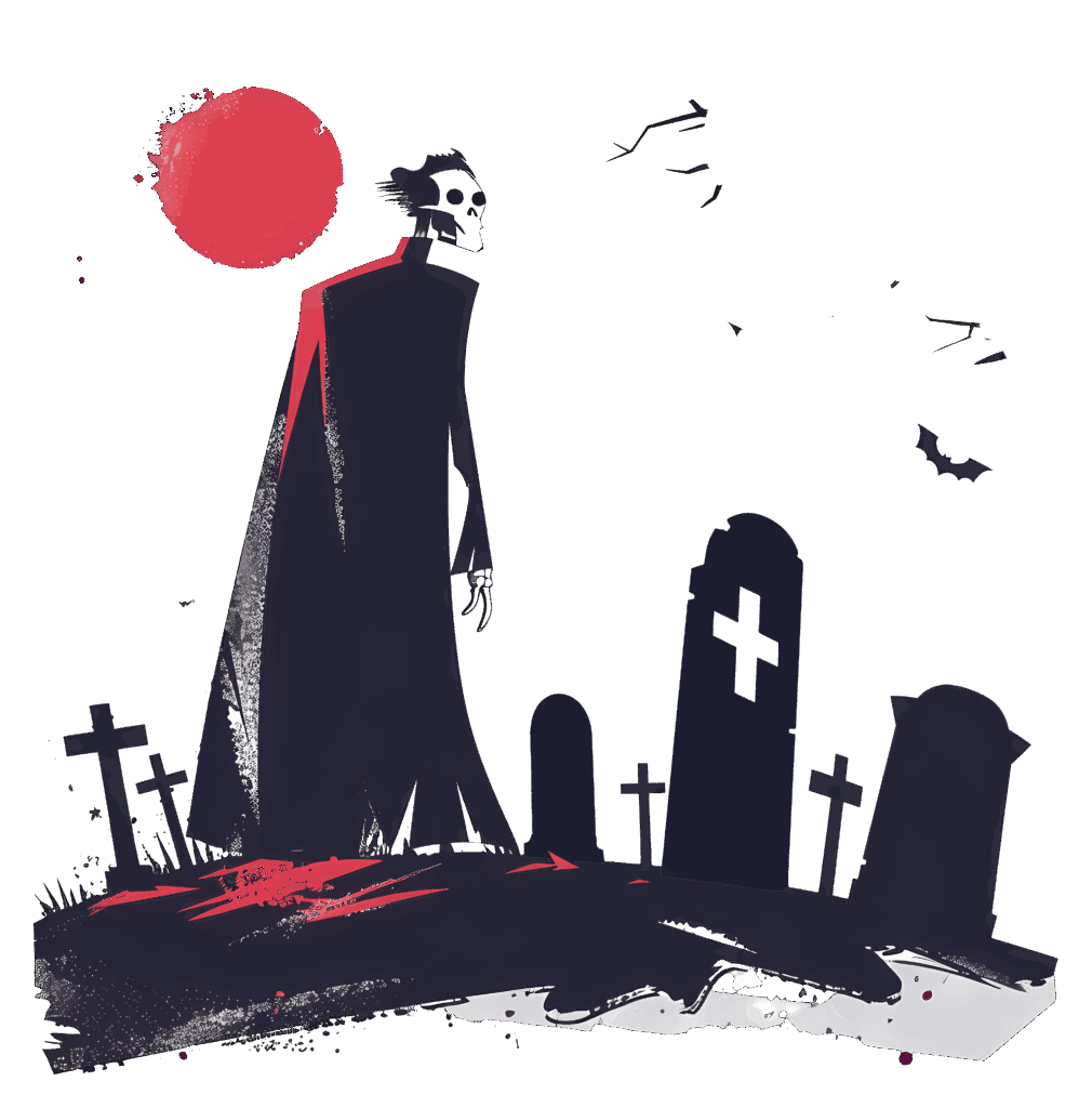 Vampir mit Totenmaske auf Friedhof mit Fledermäusen und vor rotem Mond