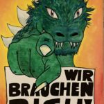 Gemälde "Rekrutierungsdrache" von Alexandra Richert. Ein Drache mit dem Schild "Wir brauchen Dich!"