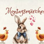 Ein Hase mit blauer Schleife sitzt in der Mitte, angehimmelt von zwei Hühnern rechts und links.