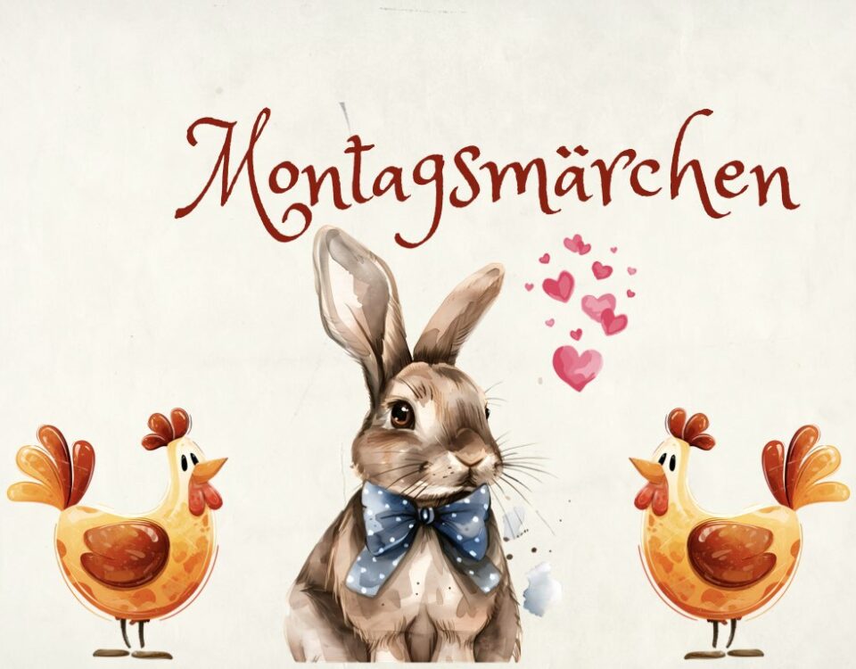 Ein Hase mit blauer Schleife sitzt in der Mitte, angehimmelt von zwei Hühnern rechts und links.