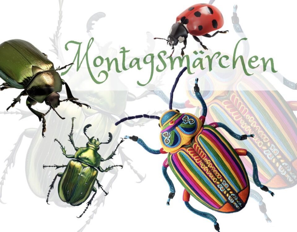 Bunte, phantasievolle Käfer krabbeln über ein weißes Blatt