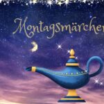 Eine blaue Wunderlampe vor flammend orange-violettem Sternenhimmel.