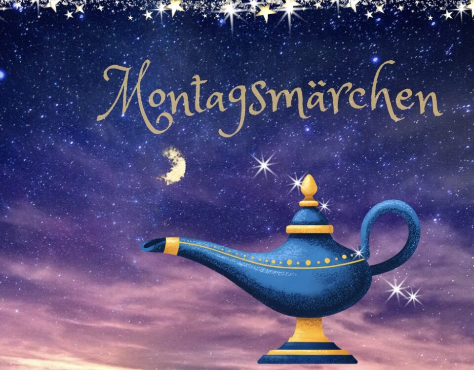 Eine blaue Wunderlampe vor flammend orange-violettem Sternenhimmel.