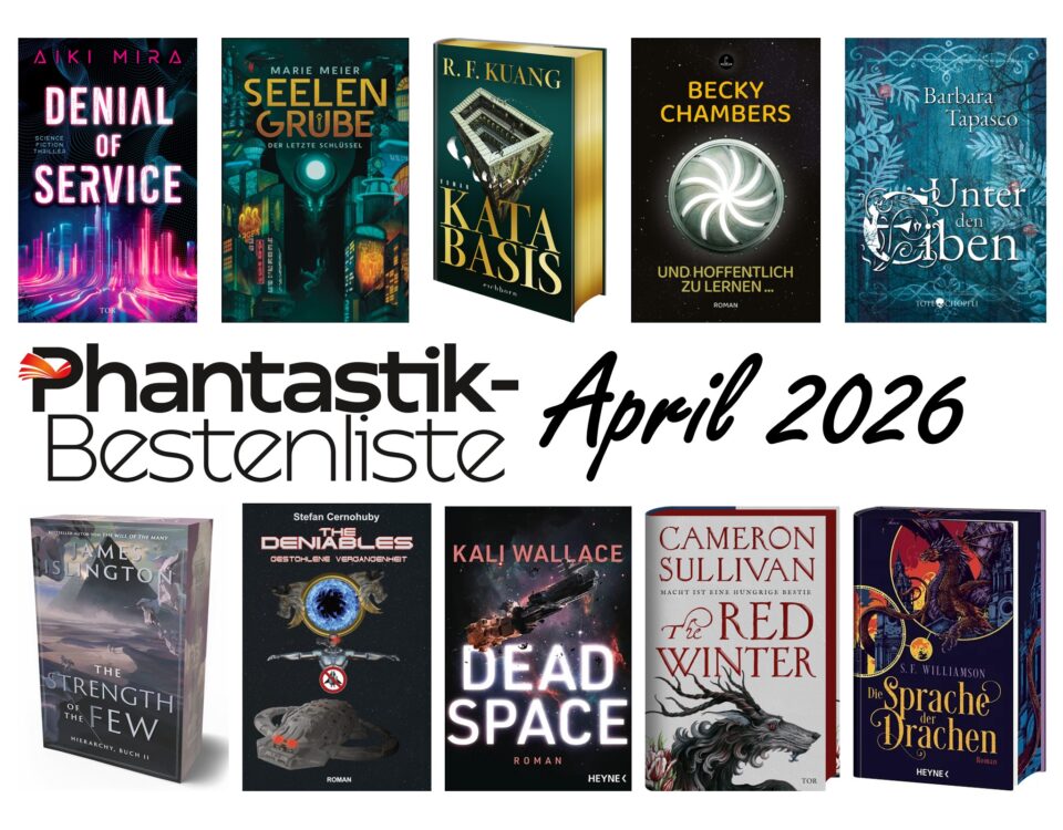 Cover der Top 10 der Phantastik-Bestenliste: Aiki Mira: Denial of Service (Fischer Tor), Marie Meier: Seelengrube – Der letzte Schlüssel Band 1 (tredition), R.F. Kuang: Katabasis (Eichborn), Becky Chambers: Und hoffentlich zu lernen... (Carcosa), Barbara Tapasco: Unter den Eiben (Totechöpfli), James Islington: The Strength of the Few – Hierarchy Buch 2 (Adrian), , Stefan Cernohuby The Deniables (Leseratten Verlag), Kali Wallace: Dead Space (Heyne), Cameron Sullivan: Red Winter (Fischer Tor), S.F. Williamson: Die Sprache der Drachen (Heyne)