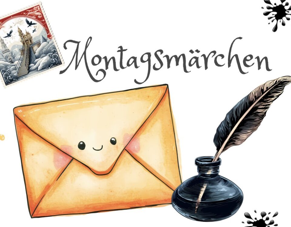 Ein freundlich lächelnder Brief neben einer Schreibfeder in schwarzem Tintenfass