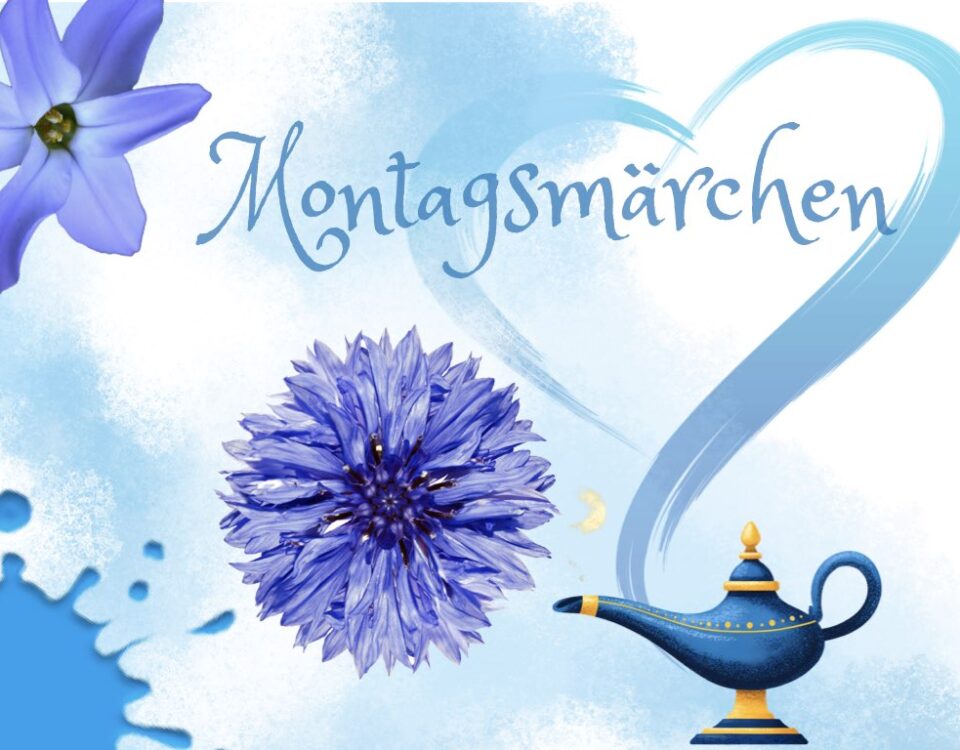 Blaue Blüten, ein blauer Klecks sowie eine blaue Wunderlampe sind vor blau-changierendem Hintergrund abgebildet.