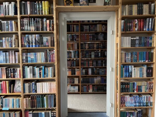 Ansicht einer Regalreihe mit Durchgang im 1. UG der Phantastischen Bibliothek